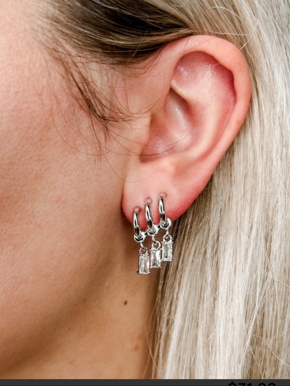 BB Lila Sterling Silver Triple Hoop Earrings with Clear Crystal Drops